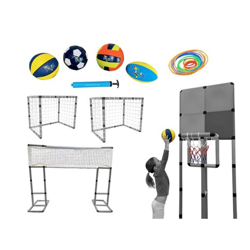 Funphix Sport Set Accessories 4 Nets-2 soccer nets, 1 volleyball net, 1 basketball net; 4 Balls-Soccer, Rugby, Basketball, Volleyball; Pump; 20 Toss Rings-in 5 different sizes