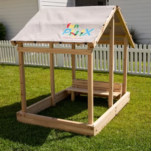 Funphix Dig n’ Play Wooden Sandbox Playhouse with Bench & Flower Planter, Outdoor Sand Pit for Kids - Image 5