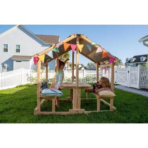 Funphix Kids Klubhouse Wooden Playhouse Outdoor Indoor, DIY Backyard Playhouse with Table & Benches - Image 3
