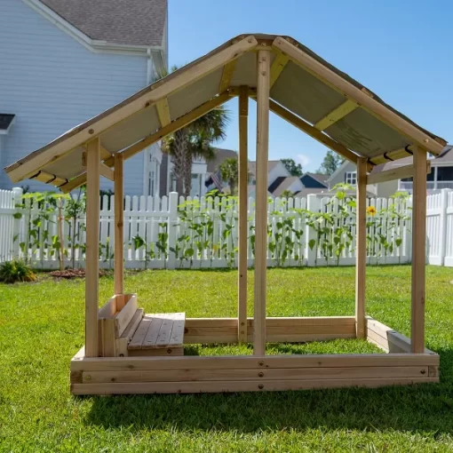 Funphix Dig n’ Play Wooden Sandbox Playhouse with Bench & Flower Planter, Outdoor Sand Pit for Kids - Image 4