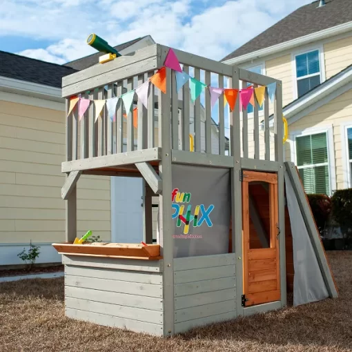 Funphix Lookout Post Outdoor Wooden Playhouse, Buildable Kids Backyard Playset with Climbing Ramp - Image 4