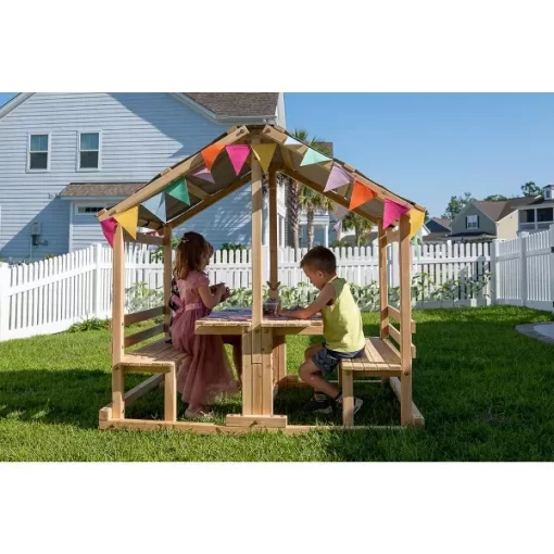 Funphix Kids Klubhouse Wooden Playhouse Outdoor Indoor, DIY Backyard Playhouse with Table & Benches - Image 2