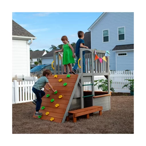 Funphix Lookout Post Outdoor Wooden Playhouse, Buildable Kids Backyard Playset with Climbing Ramp