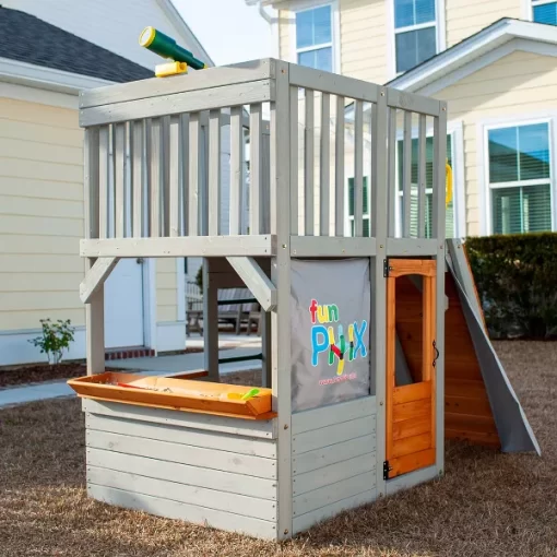 Funphix Lookout Post Outdoor Wooden Playhouse, Buildable Kids Backyard Playset with Climbing Ramp - Image 3