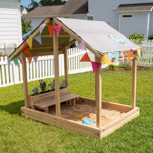 Funphix Dig n’ Play Wooden Sandbox Playhouse with Bench & Flower Planter, Outdoor Sand Pit for Kids - Image 3