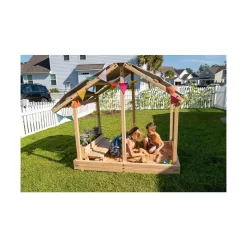 Funphix Dig n’ Play Wooden Sandbox Playhouse with Bench & Flower Planter, Outdoor Sand Pit for Kids