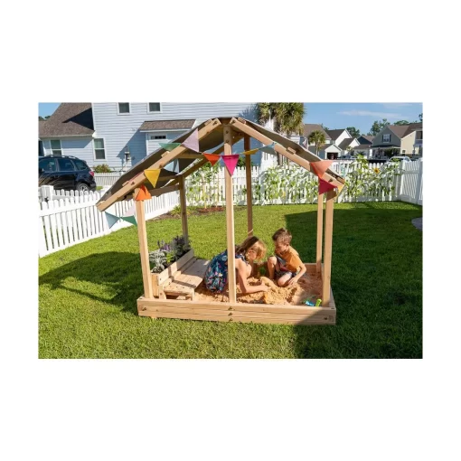 Funphix Dig n’ Play Wooden Sandbox Playhouse with Bench & Flower Planter, Outdoor Sand Pit for Kids