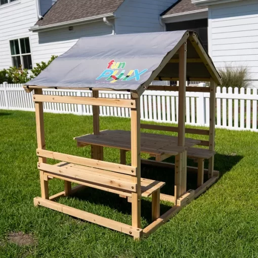 Funphix Kids Klubhouse Wooden Playhouse Outdoor Indoor, DIY Backyard Playhouse with Table & Benches - Image 5