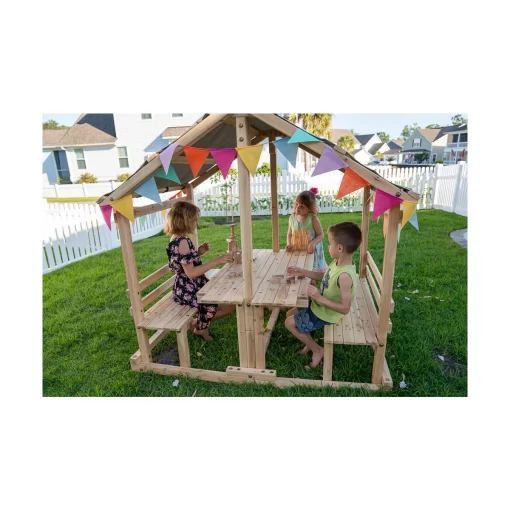 Funphix Kids Klubhouse Wooden Playhouse Outdoor Indoor, DIY Backyard Playhouse with Table & Benches - Image 4