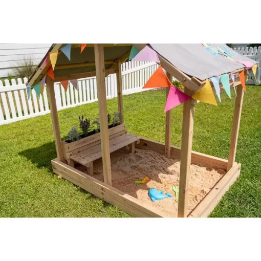 Funphix Dig n’ Play Wooden Sandbox Playhouse with Bench & Flower Planter, Outdoor Sand Pit for Kids - Image 2