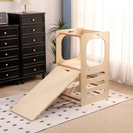 Funphix Kids Step Stool Learning Helper Tower Kitchen Stool with Chalkboard and Slide - Image 5