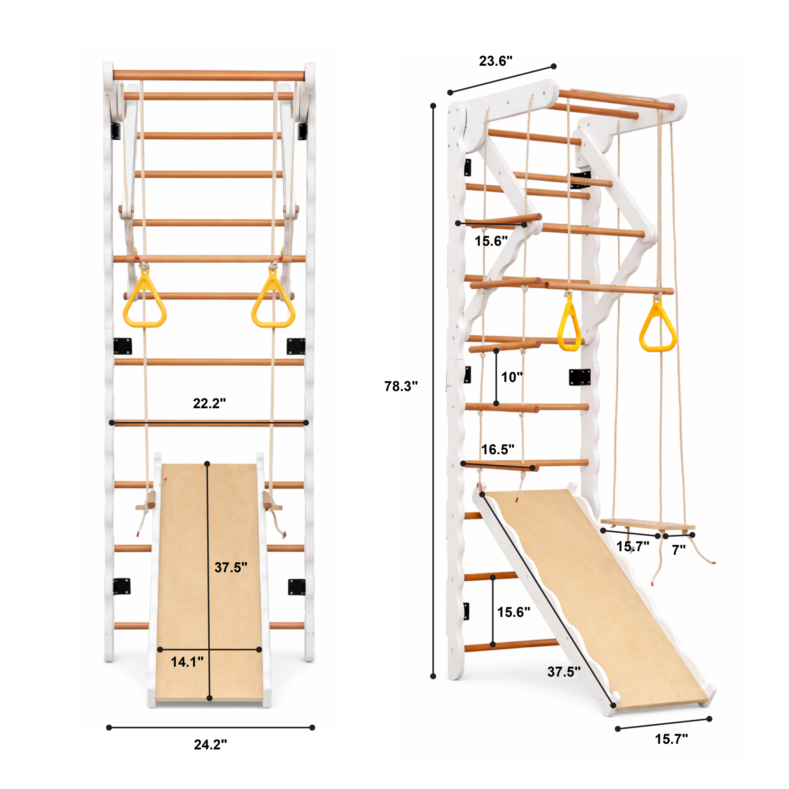 Funphix 8-in-1 Wooden Indoor Jungle Gym Swedish Ladder Playset, (Includes Wooden Swing, Rings, and Rope Ladder) - White - Image 5