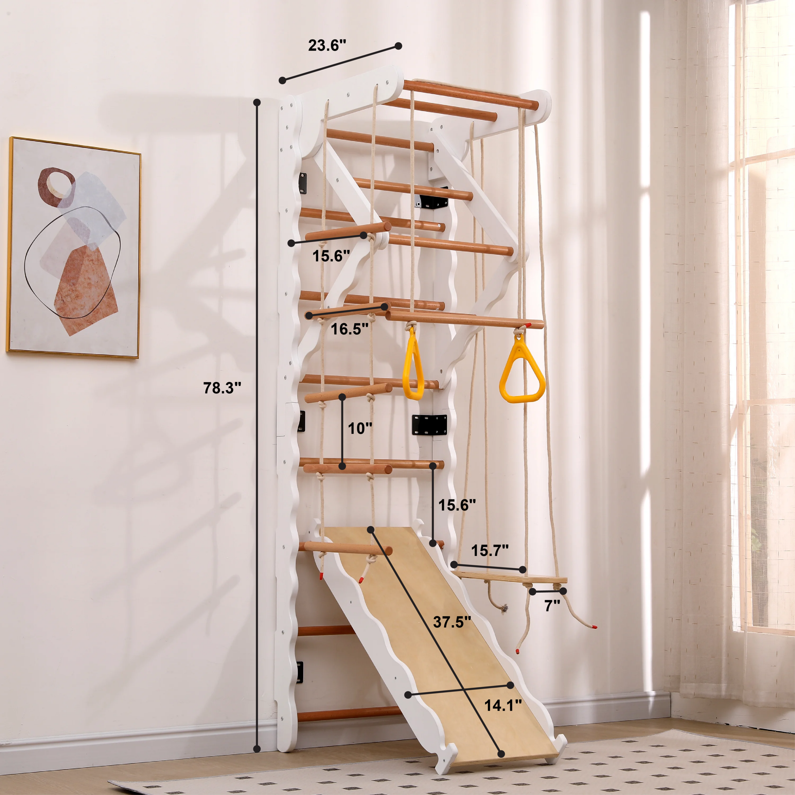 Funphix 8-in-1 Wooden Indoor Jungle Gym Swedish Ladder Playset, (Includes Wooden Swing, Rings, and Rope Ladder) - White - Image 6