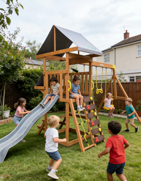 Funphix Outdoor Adventure Wooden Playset with Slide, Double Swings & Climbing Wall - Image 6