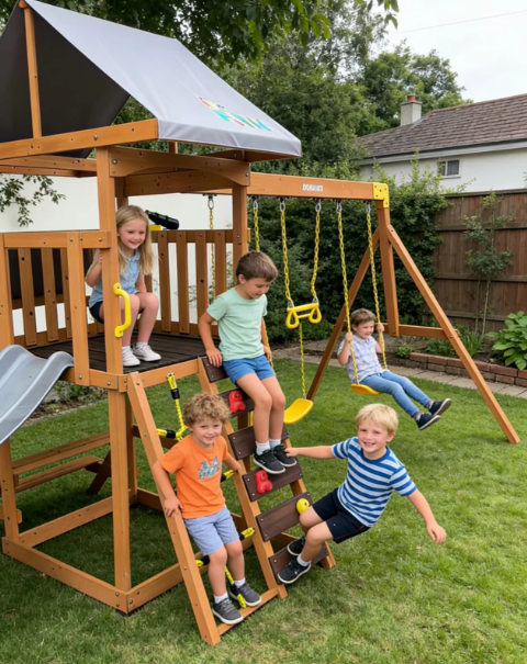 Funphix Outdoor Adventure Wooden Playset with Slide, Double Swings & Climbing Wall - Image 7