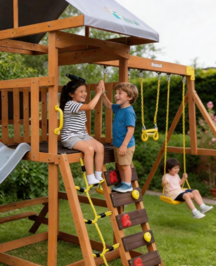 Funphix Outdoor Adventure Wooden Playset with Slide, Double Swings & Climbing Wall - Image 9