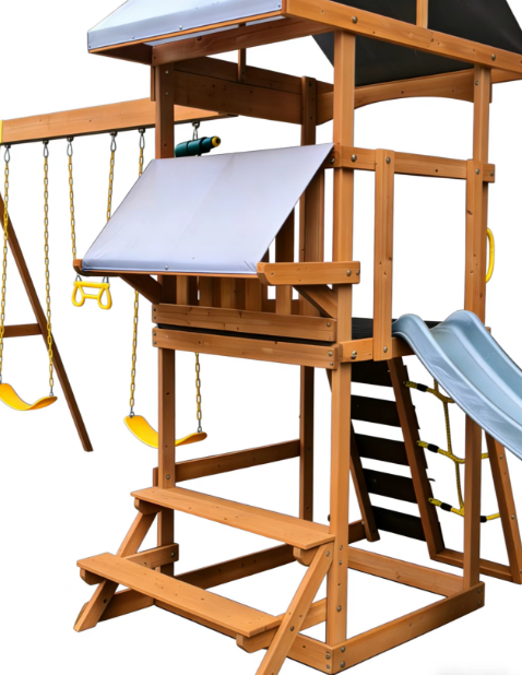 Funphix Outdoor Adventure Wooden Playset with Slide, Double Swings & Climbing Wall - Image 2