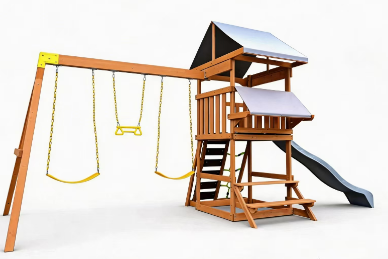 Funphix Outdoor Adventure Wooden Playset with Slide, Double Swings & Climbing Wall