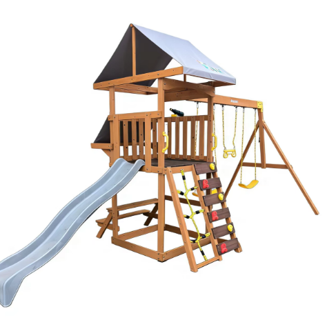 Funphix Outdoor Adventure Wooden Playset with Slide, Double Swings & Climbing Wall - Image 3