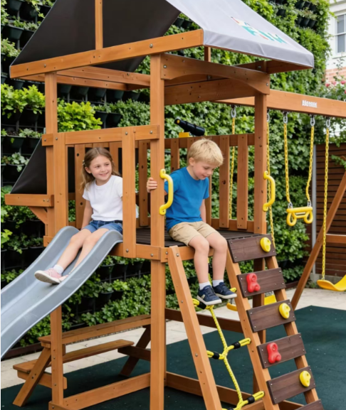 Funphix Outdoor Adventure Wooden Playset with Slide, Double Swings & Climbing Wall - Image 4