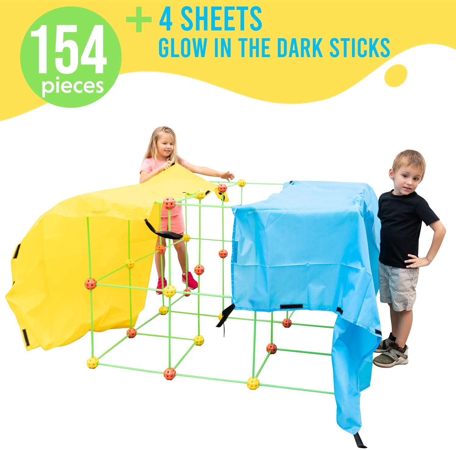 Funphix Fort 154 Pc Set for Supersized Glow in The Dark Fort Building + 4 Colored Sheets – Encourages Teamwork, Stimulates Imagination for Age 5+ (Orange Yellow Balls)