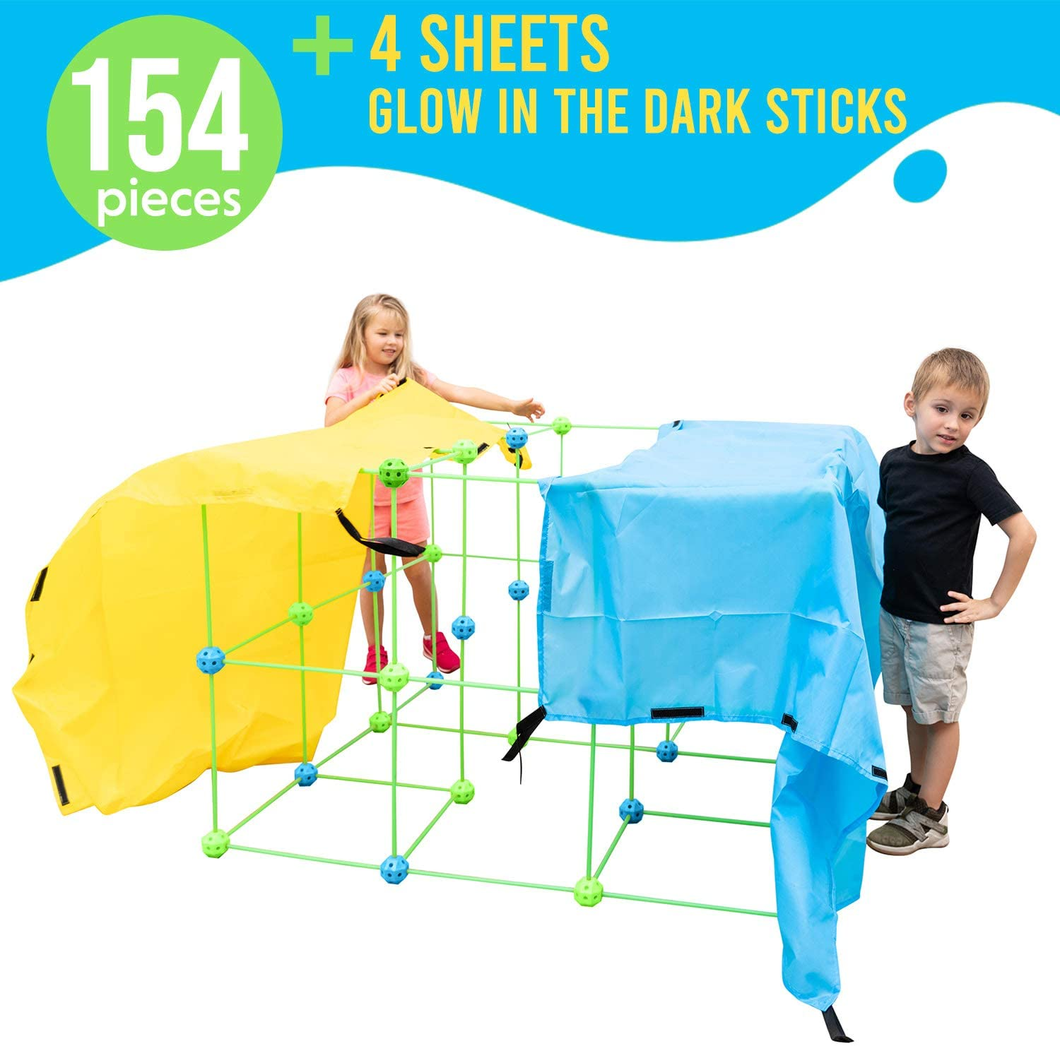 Funphix Fort 154 Pc Set for Supersized Glow in The Dark Fort Building – Encourages Teamwork, Stimulates Imagination for Age 5+ (Green Blue Balls)